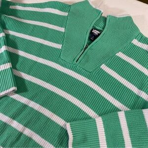 Lands' End Mint Green and White Striped Zip-Up Sweater Large Boys 14-16